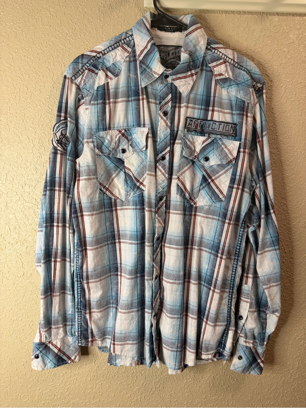 Affliction Light Blue and White Plaid Button-Down Shirt with Red Accents